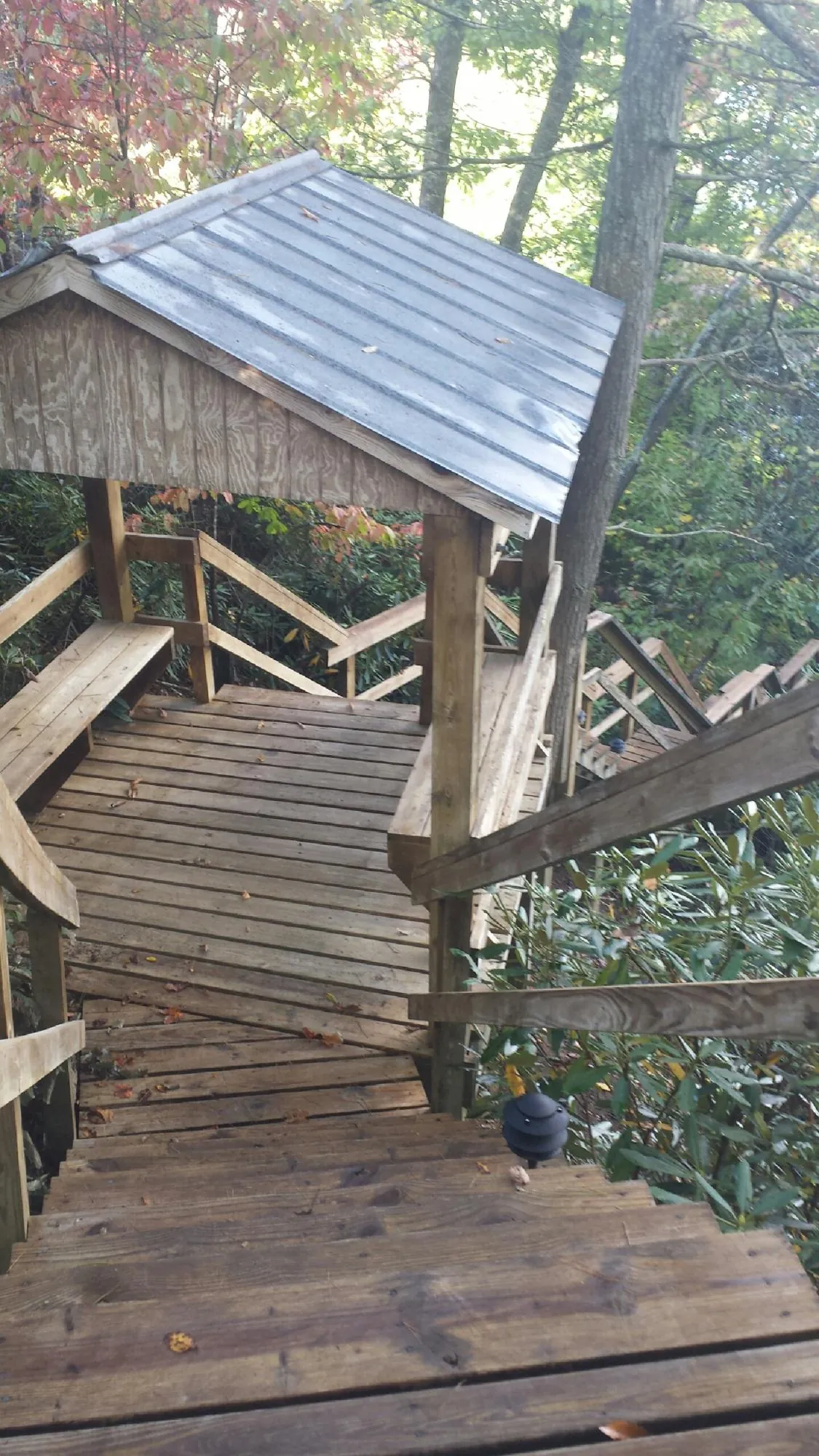 Metal roofed shelter over wooden steps on a wooded walkway — Skylight Repair & Installation work by our crew in Hazelwood